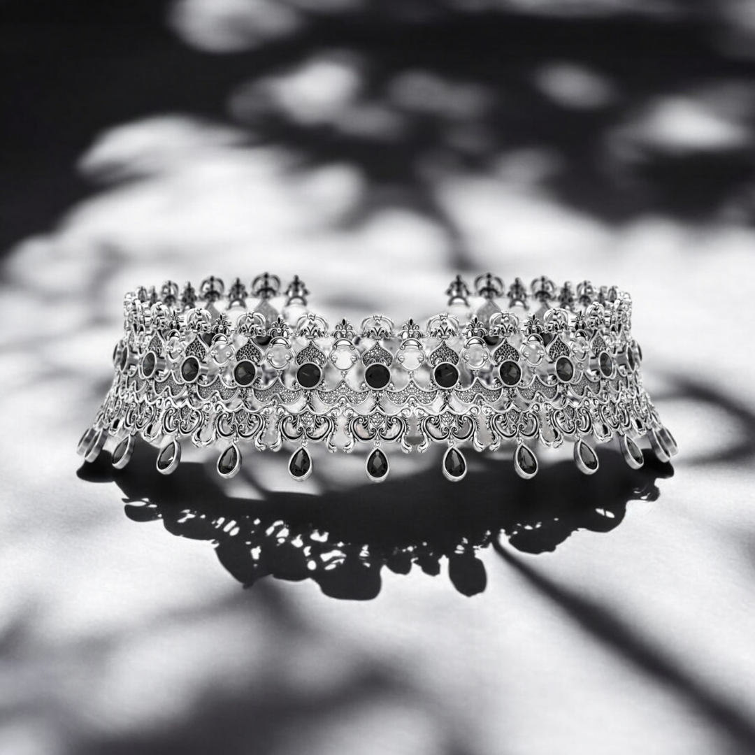 Shadow Lace Choker blackened silver intricate lace detailing and black moissanite stones