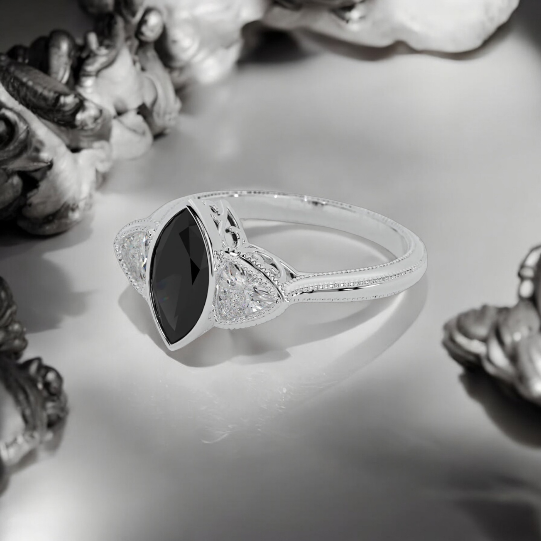 Black diamond marquise ring in white gold with trillion side stones Hypnotic Ring