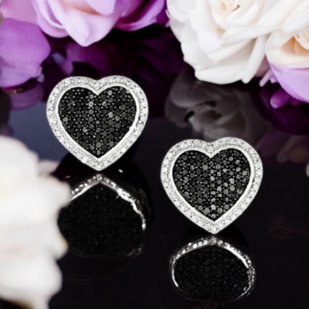 Black diamond Haunting Heart Earring Studs with white diamond halo