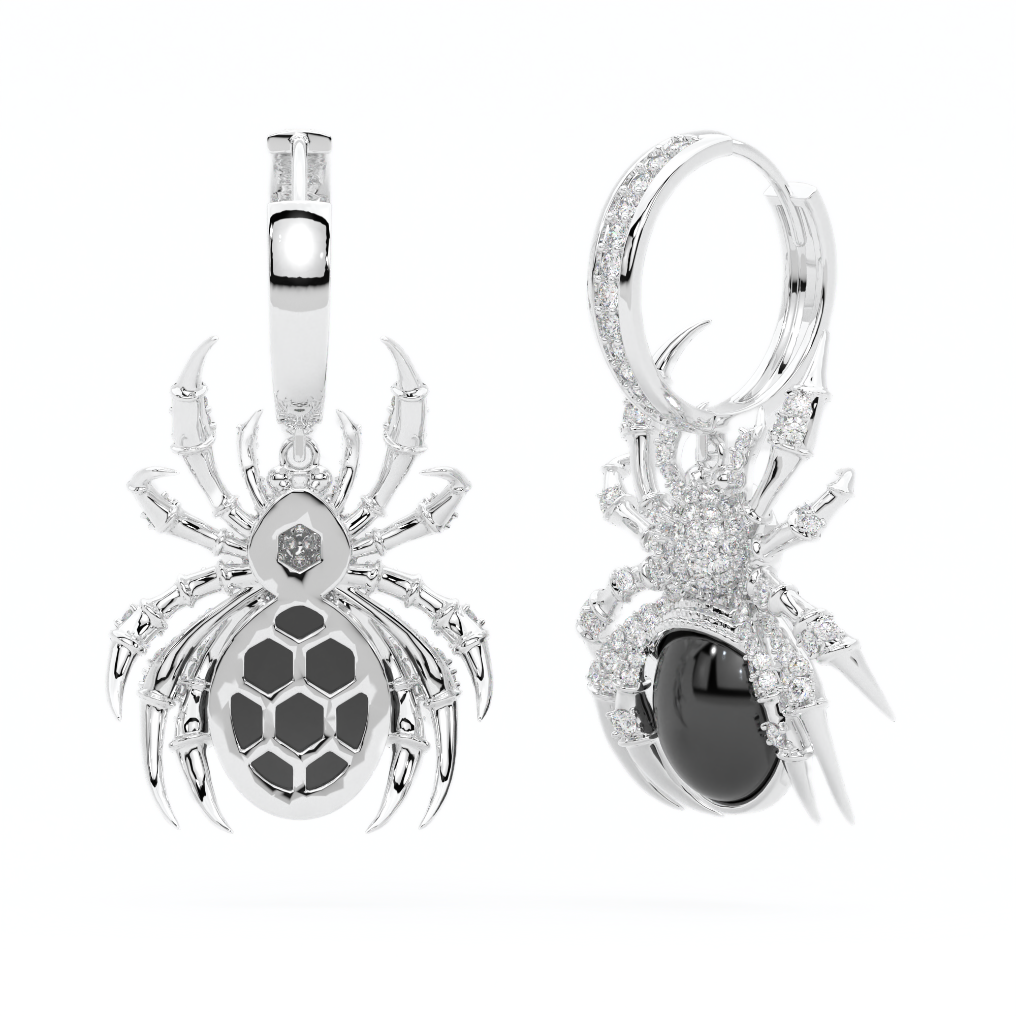 14k white gold spider earrings with black onyx and white diamonds, Arachnid's Allure Earrings