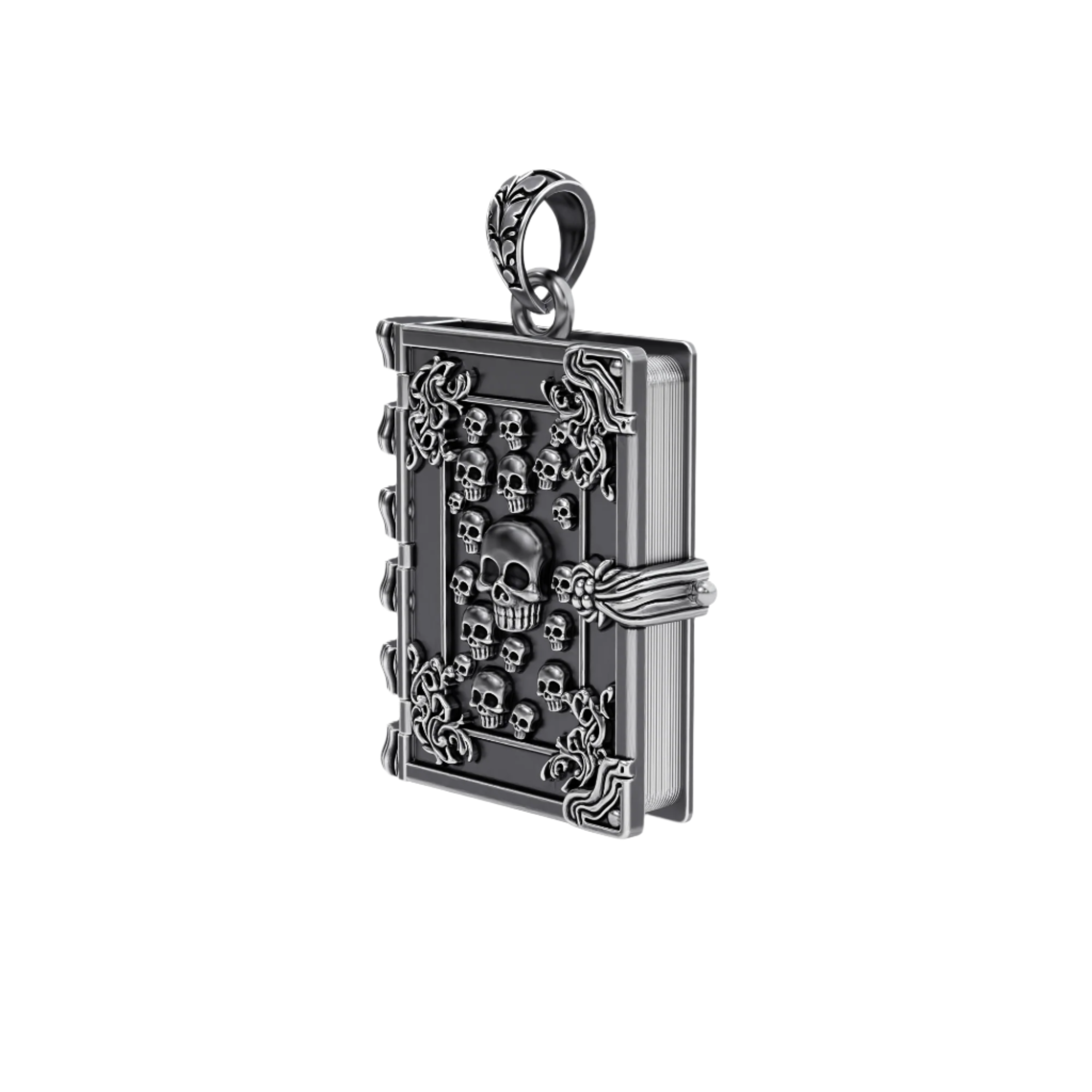 Arcane Book Locket Pendant crafted from blackened sterling silver with skull and filigree details