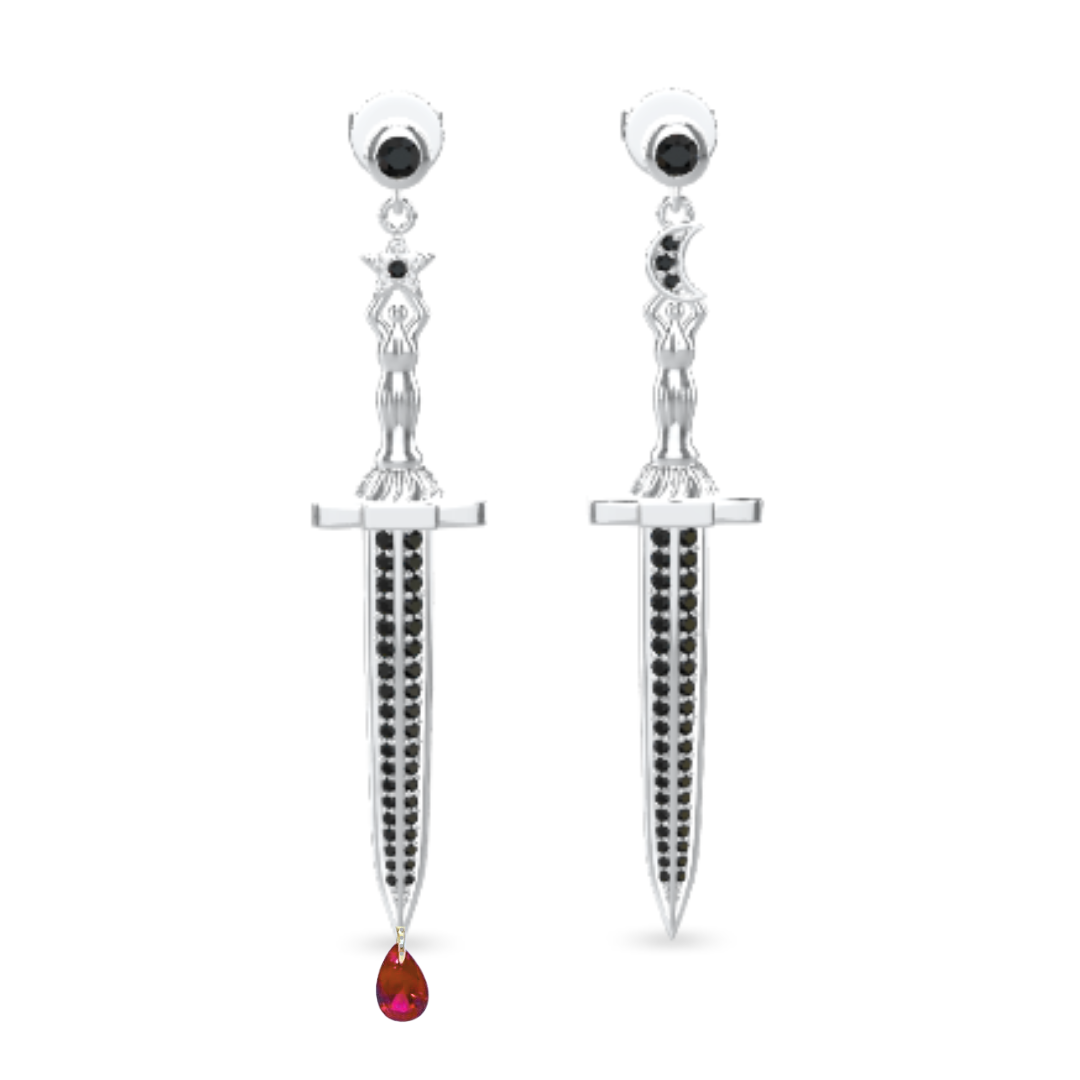 Vermeil or sterling silver Bloodstone Blade Earrings featuring a lab ruby blood drop with white or black moissanite accents on a striking sword design.