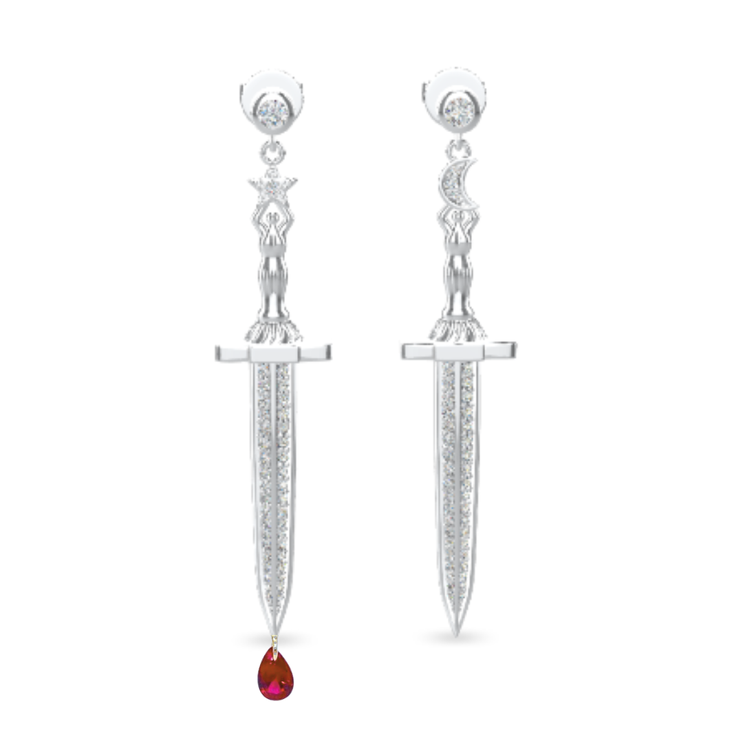 Vermeil or sterling silver Bloodstone Blade Earrings featuring a lab ruby blood drop with white or black moissanite accents on a striking sword design.