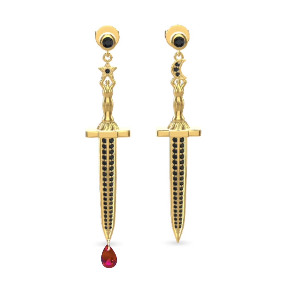 Vermeil or sterling silver Bloodstone Blade Earrings featuring a lab ruby blood drop with white or black moissanite accents on a striking sword design.