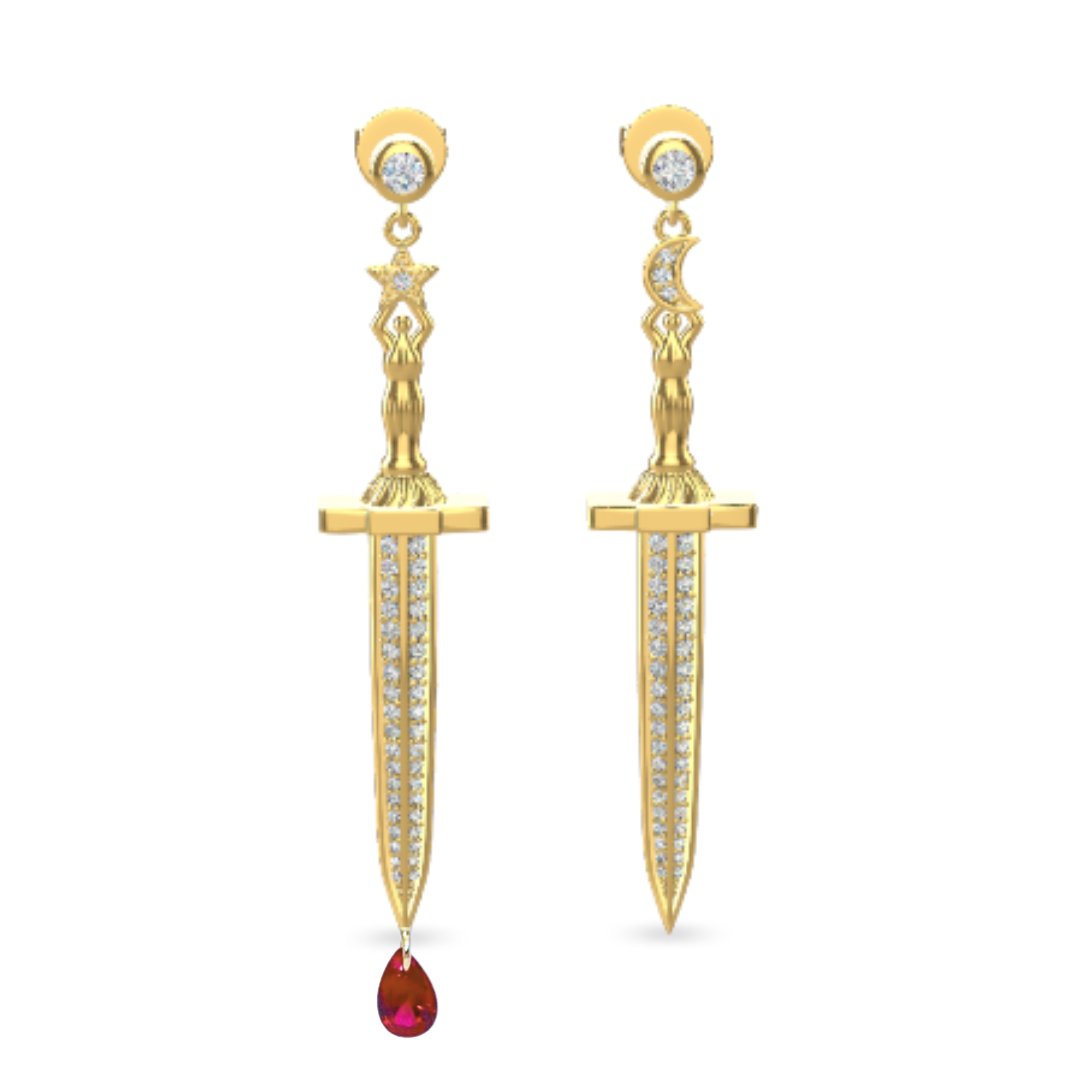 Vermeil or sterling silver Bloodstone Blade Earrings featuring a lab ruby blood drop with white or black moissanite accents on a striking sword design.