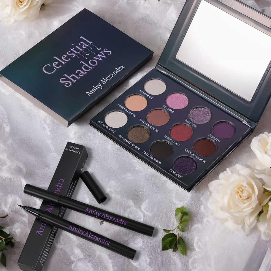 Celestial Shadows Eyeshadow Palette and Liquid Liner Set by Amity Alexandra – 12 Versatile Shades for Gothic Glam Looks