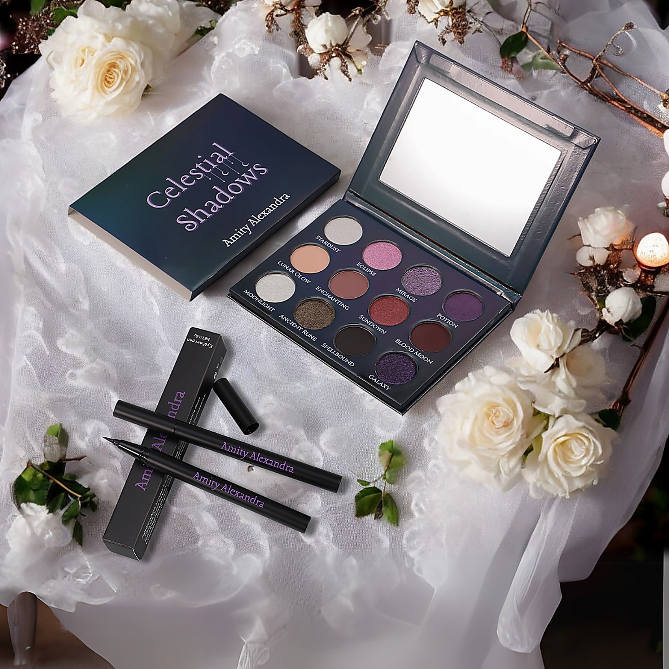 Celestial Shadows Eyeshadow Palette and Liquid Liner Set by Amity Alexandra – 12 Versatile Shades for Gothic Glam Looks