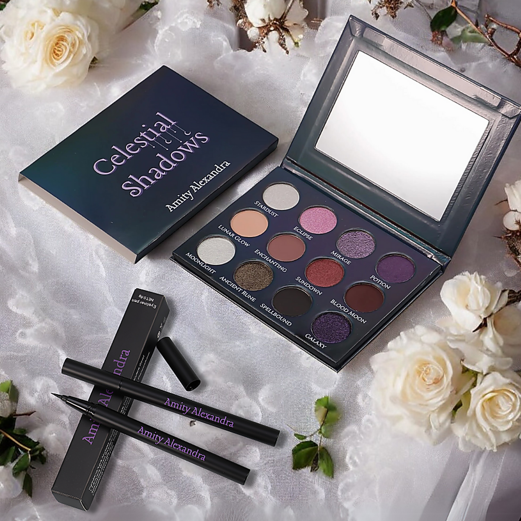 12-shade Celestial Shadows Eyeshadow Palette - Matte, Shimmer, Foiled Metallic, and Duochrome Finishes and Intense Black Liquid Eyeliner