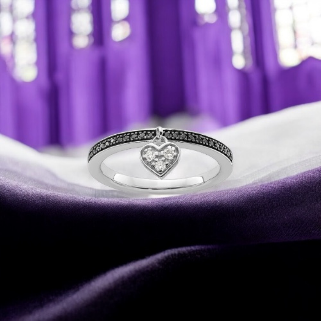 Darkheart Ring in sterling silver with white diamond heart charm and black diamond band