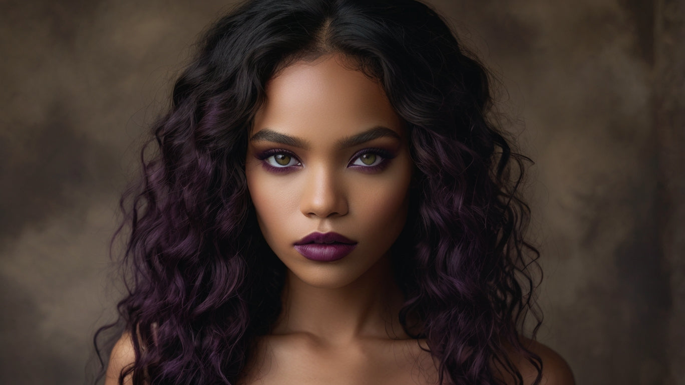 Dark skinned model with dramatic purple makeup and black purple hair