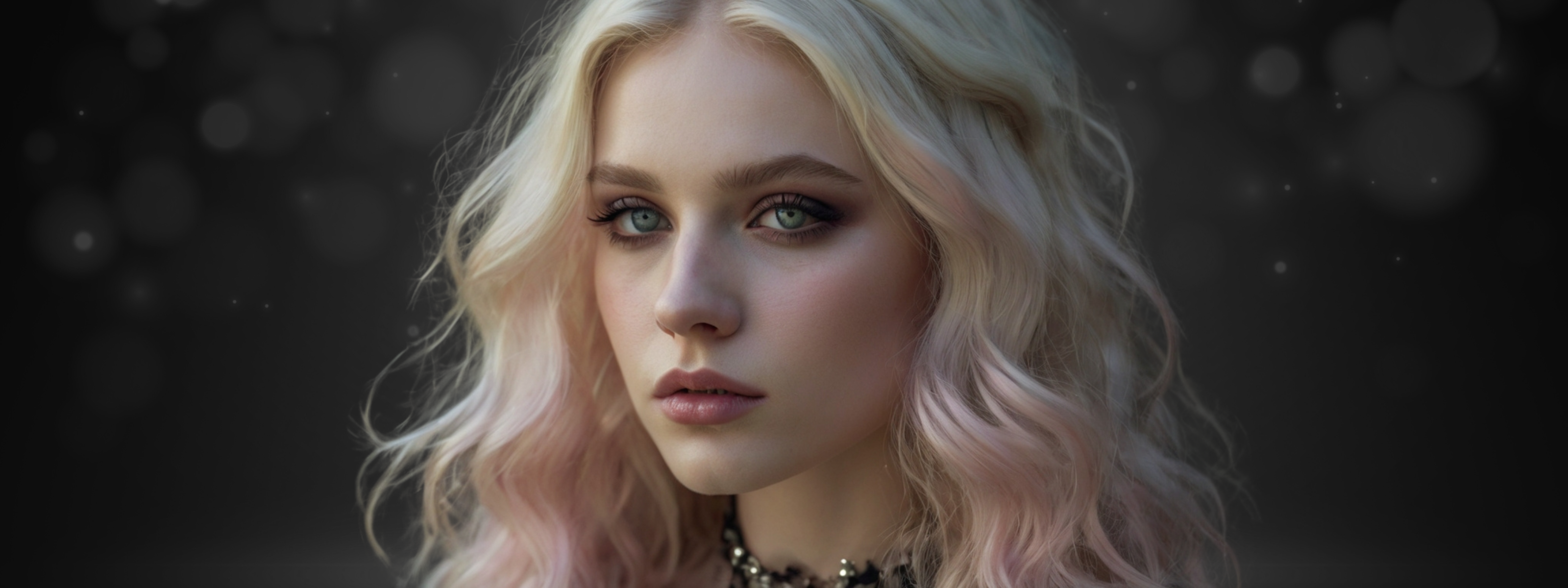 A close-up portrait of a woman with wavy platinum blonde hair tinged with soft pink, wearing a custom gothic choker.