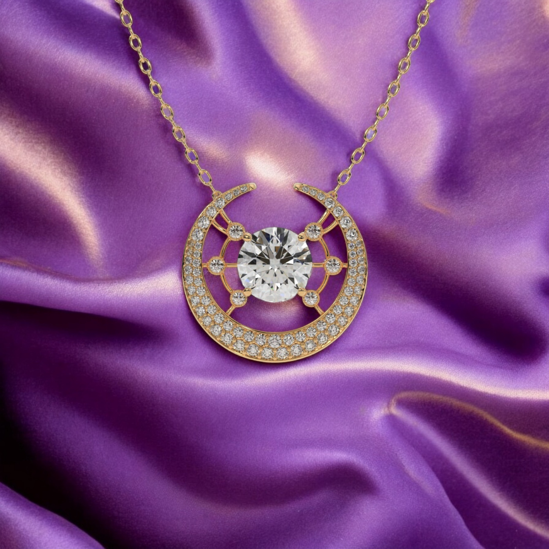 14k yellow gold Galaxy Necklace with central diamond and crescent moon design