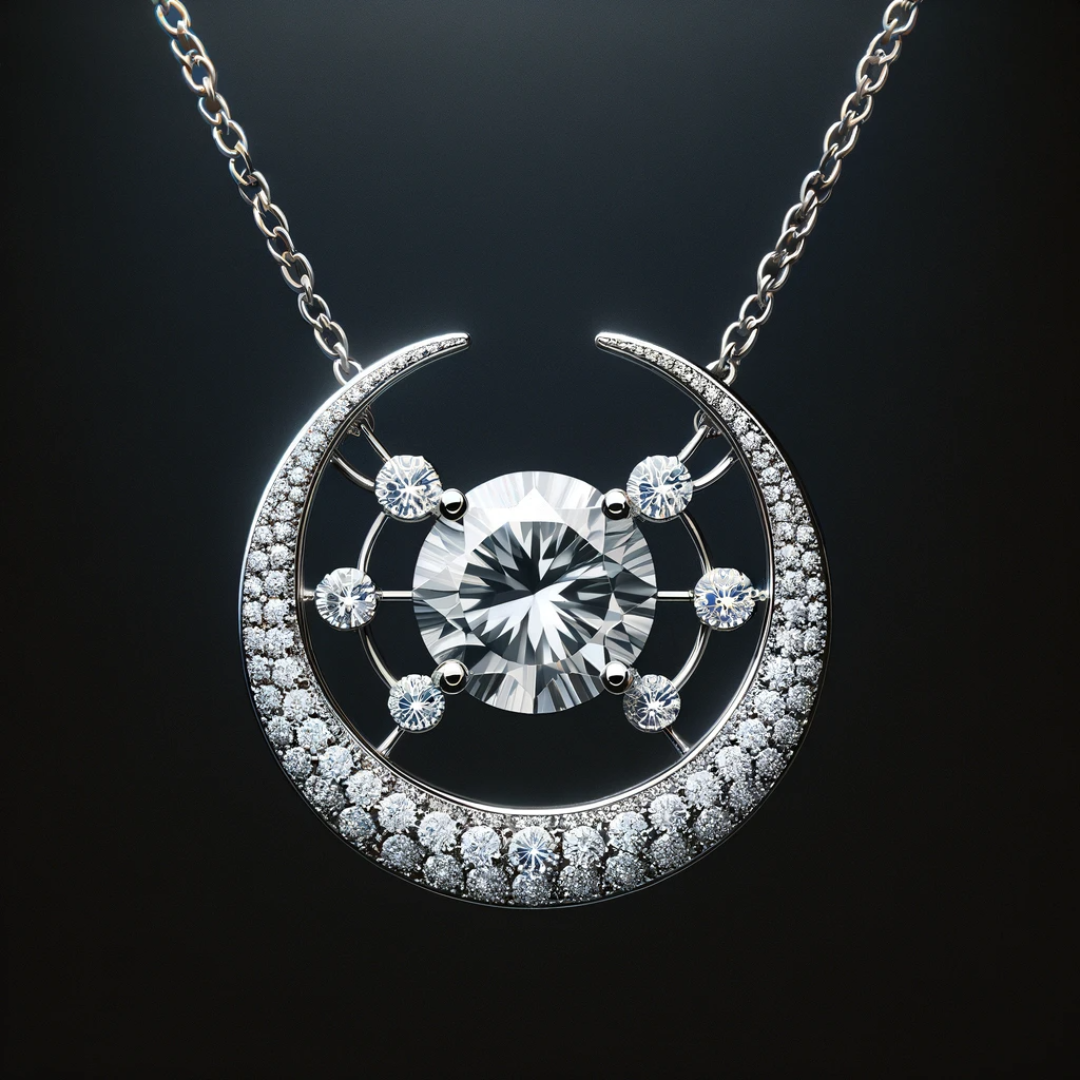 Celestial inspired white gold crescent moon and stars necklace