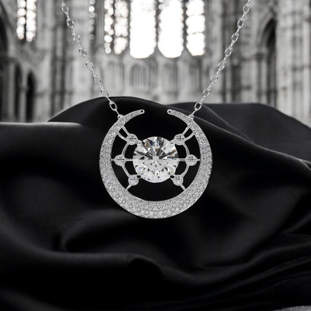 14k white gold Galaxy Necklace with central diamond and crescent moon design