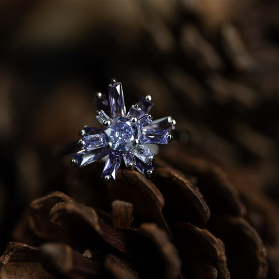 Geode Ring in 14k white gold with amethyst stones, inspired by nature, crystal shards, and geodes