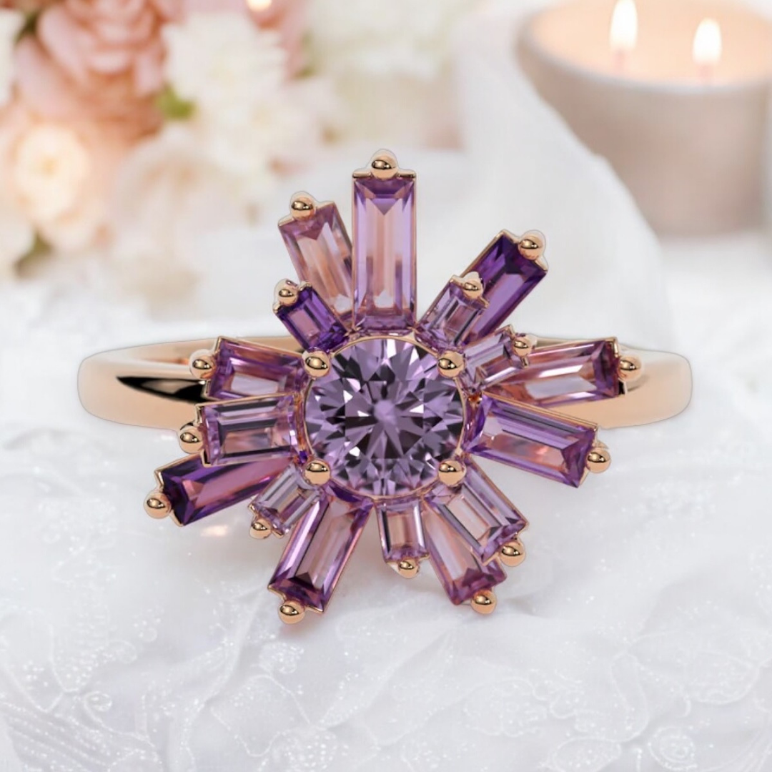 Geode Ring in 14k rose gold with amethyst stones, inspired by nature, crystal shards, and geodes