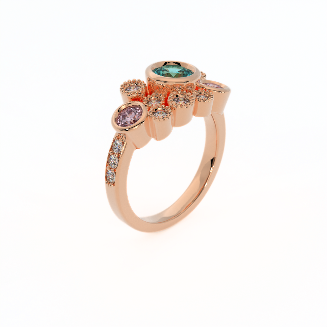Gleam Ring with turquoise and pink Sapphires and Lab-Grown Diamonds in 14k Rose Gold