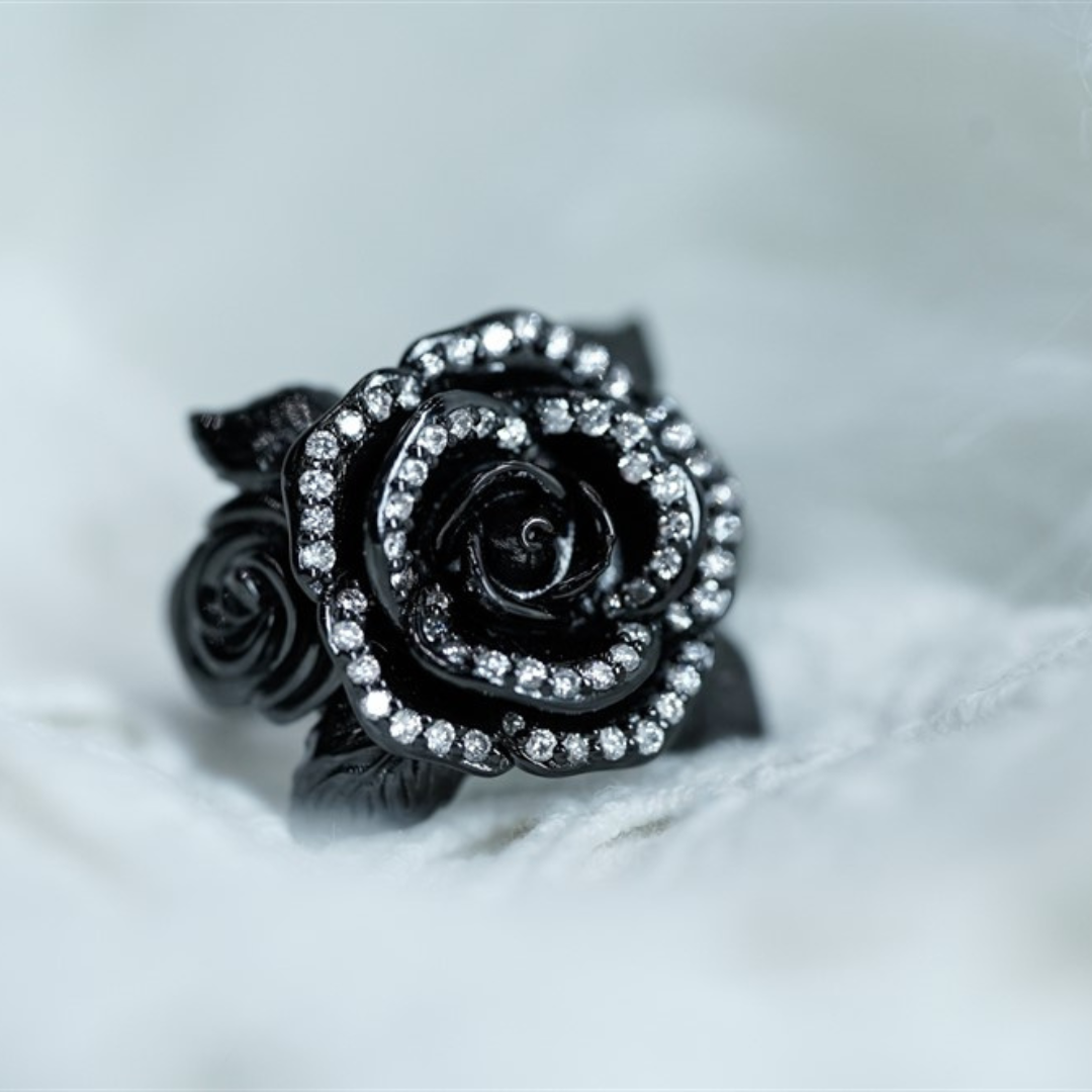 Gothic Rose Ring in black rhodium-plated sterling silver with lab white diamonds, featuring a sculpted black rose and intricate carvings