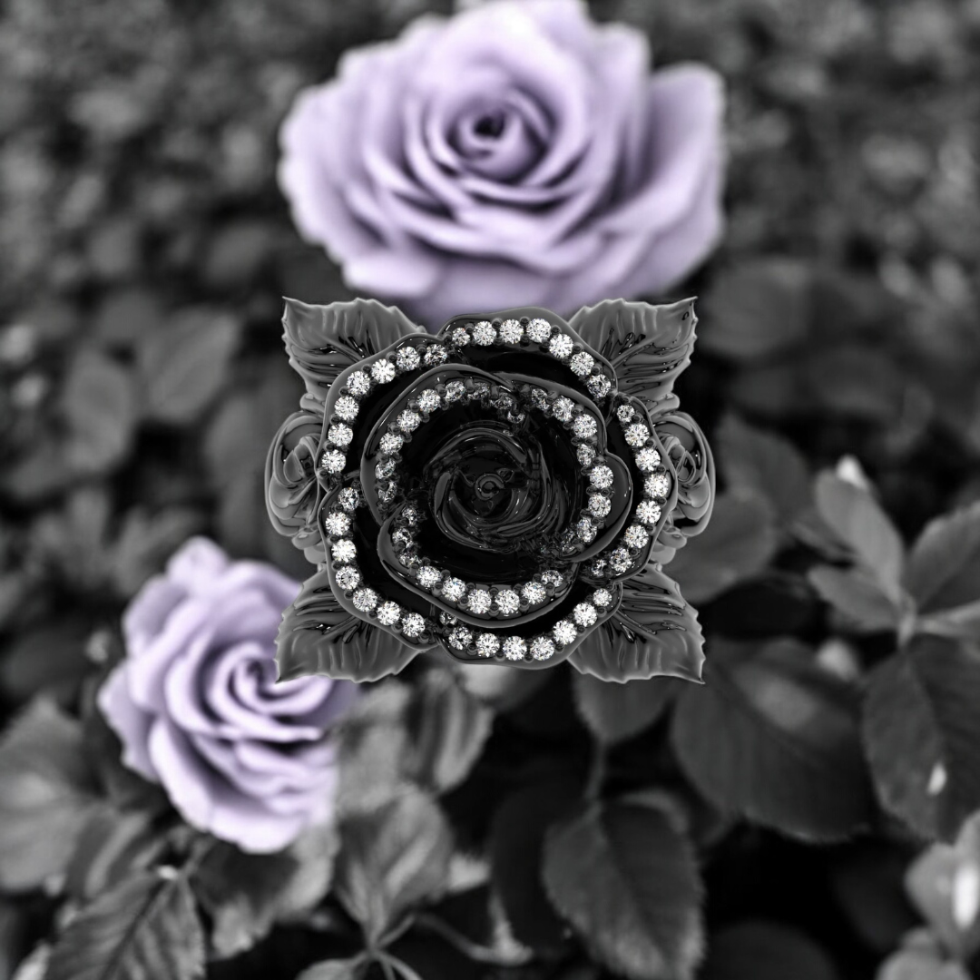 Gothic Rose Ring in black rhodium-plated sterling silver with lab white diamonds, featuring a sculpted black rose and intricate carvings