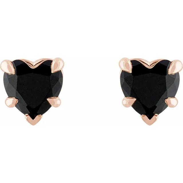 Rose gold stud earrings with black Onyx heart-shaped gemstones