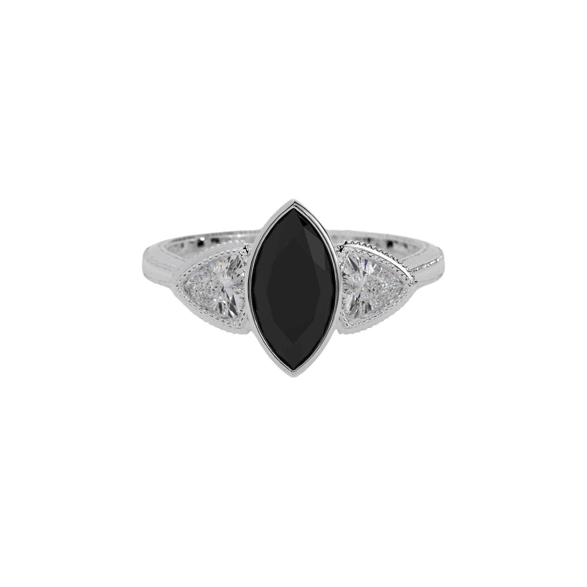 Hypnotic Ring in 14k white gold with marquise cut black diamond and trillion cut lab created diamonds, bezel set with milgrain detailing