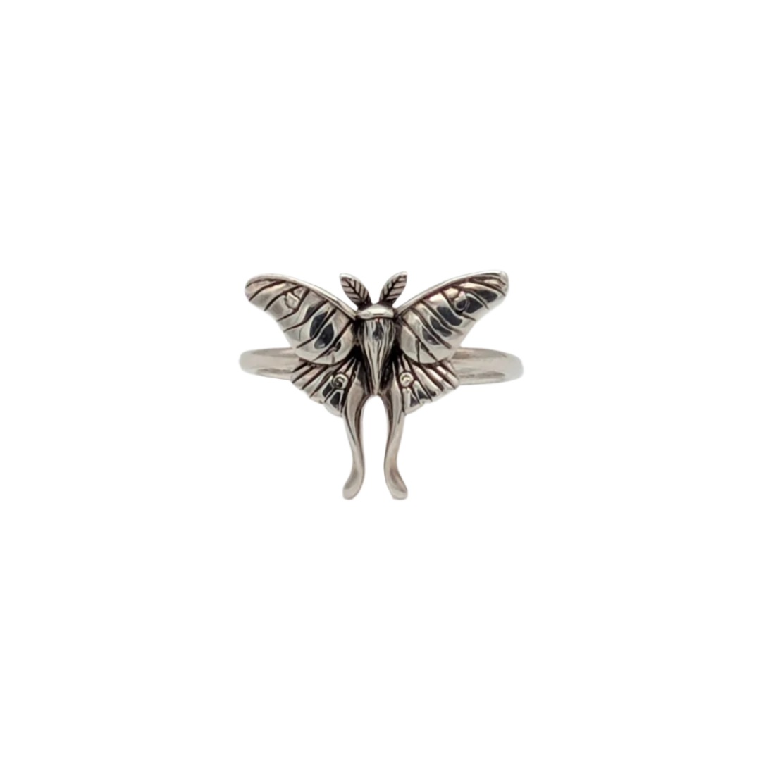 A sterling silver Luna Nocturne Ring featuring a delicately sculpted luna moth with finely etched wings and elongated hindwings, resting on a slender silver band.