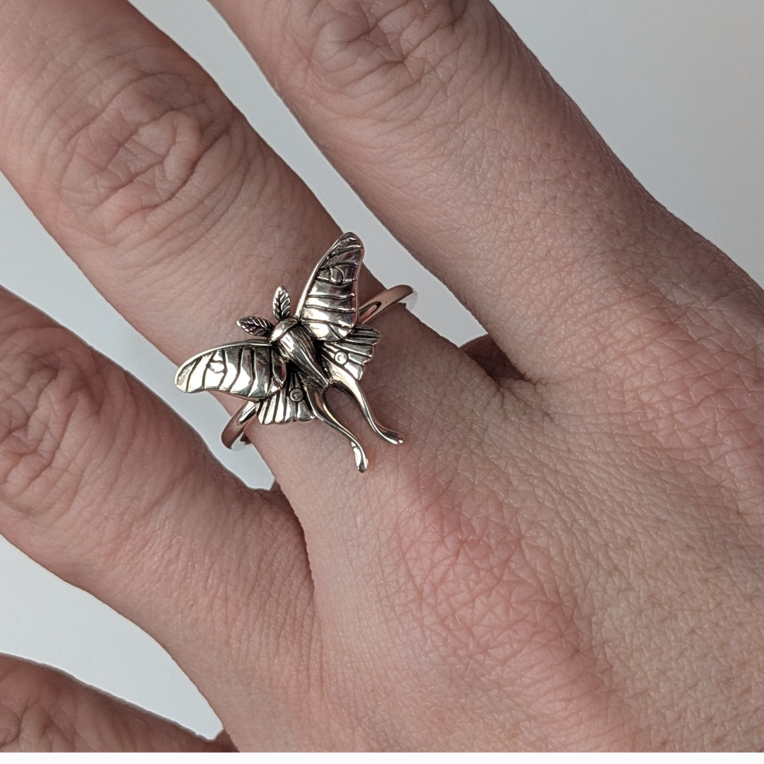 A sterling silver Luna Nocturne Ring featuring a delicately sculpted luna moth with finely etched wings and elongated hindwings, resting on a slender silver band.
