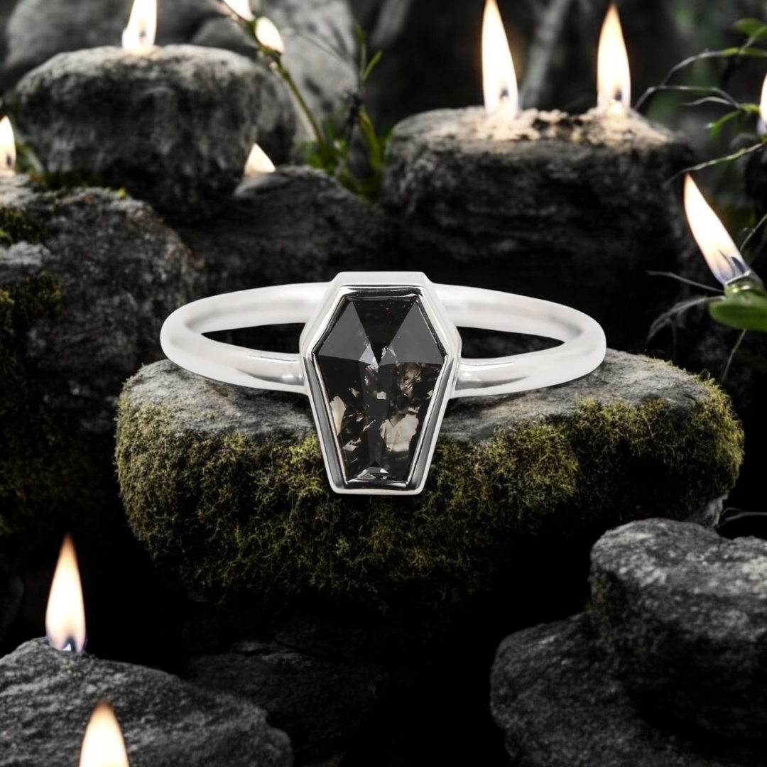 Memento Ring in 14k white gold with coffin-cut black diamond, gothic engagement ring