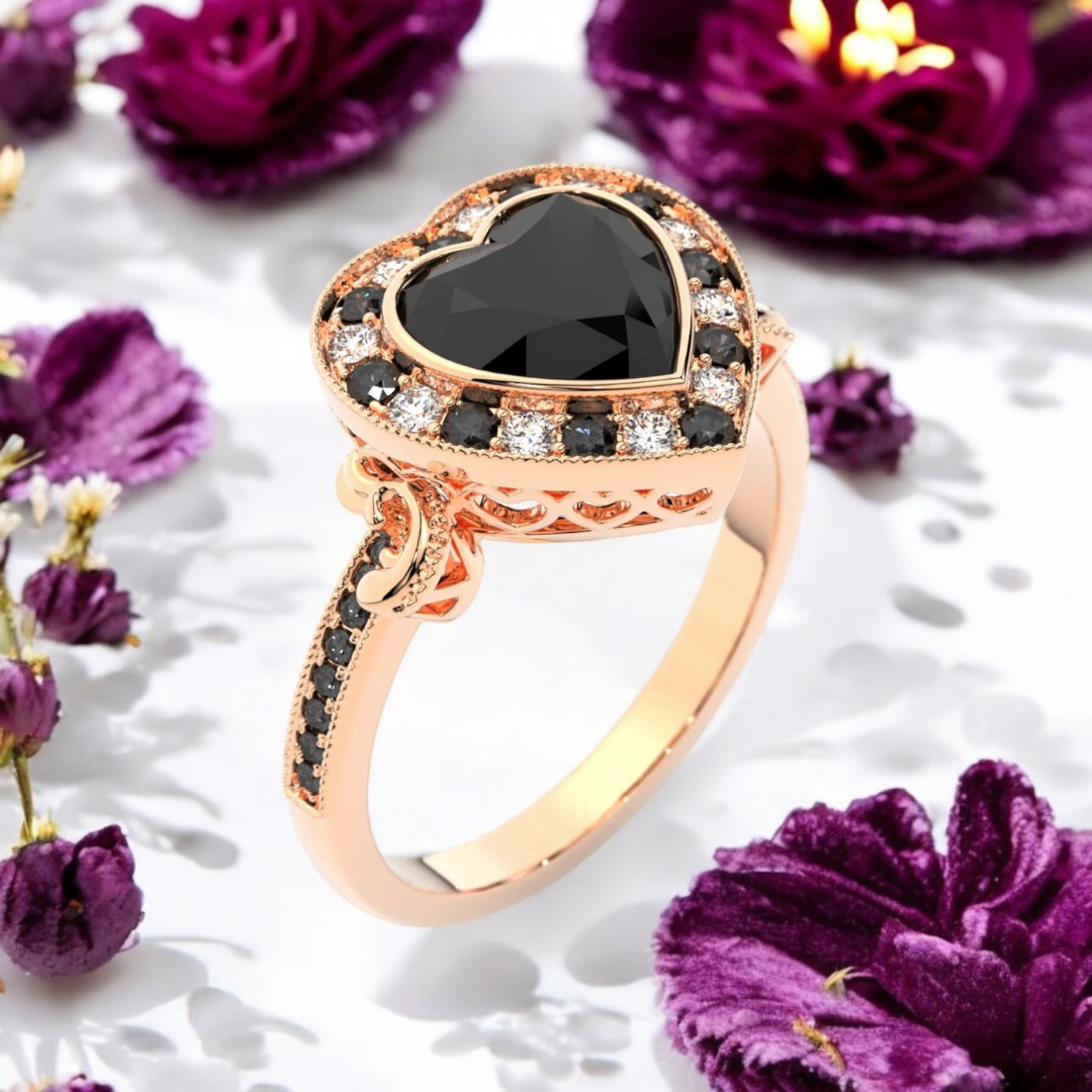 Gothic Heart Ring in 14k rose gold with black diamond and black accent stones, alternative engagement ring