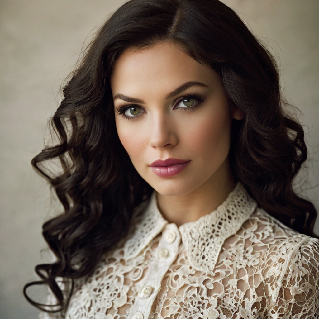 Model with white lace outfit, elegant makeup and long black brown curls