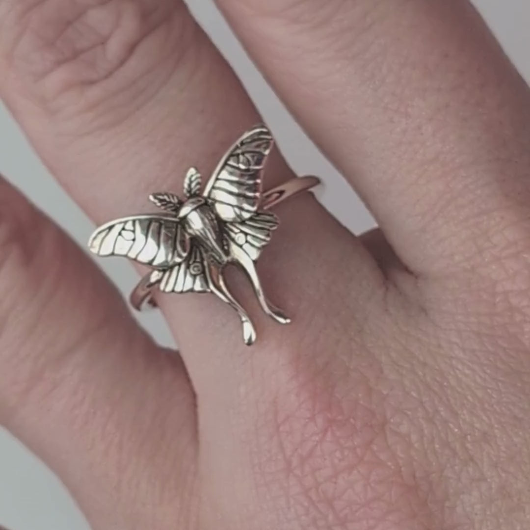 A sterling silver Luna Nocturne Ring featuring a delicately sculpted luna moth with finely etched wings and elongated hindwings, resting on a slender silver band.