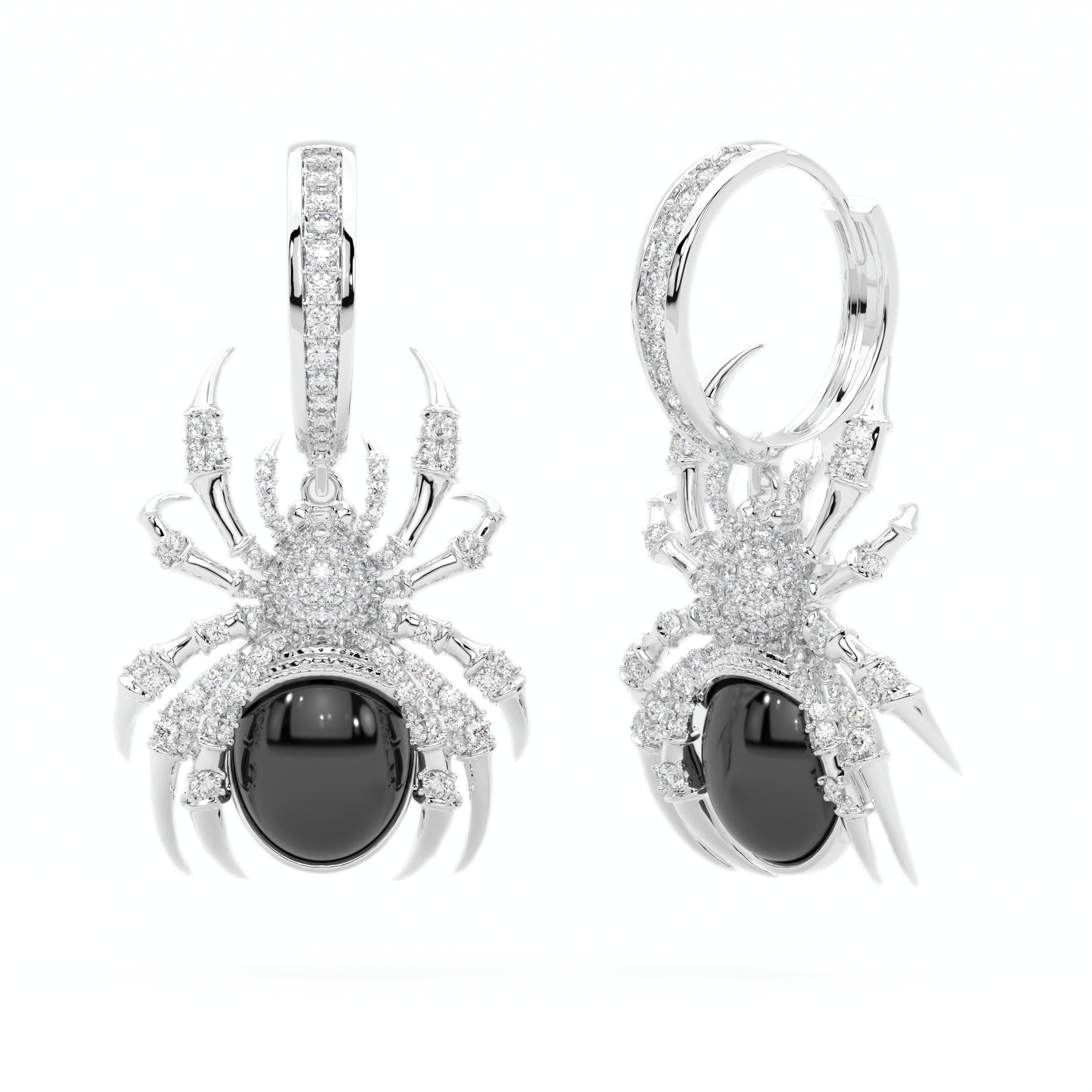 14k white gold spider earrings with black onyx and white diamonds, Arachnid's Allure Earrings