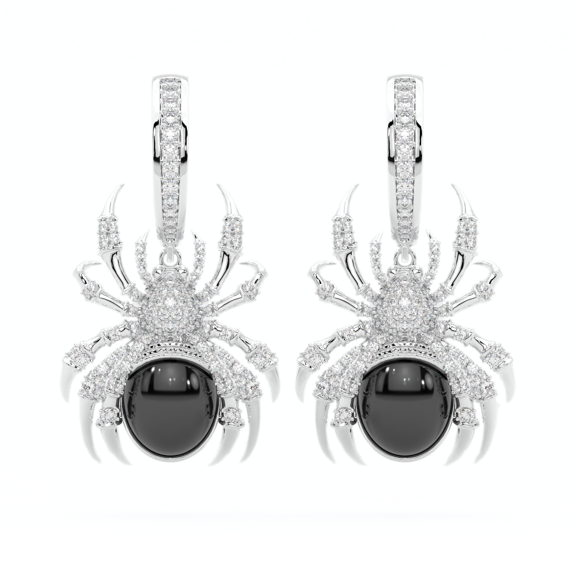 14k white gold spider earrings with black onyx and white diamonds, Arachnid's Allure Earrings