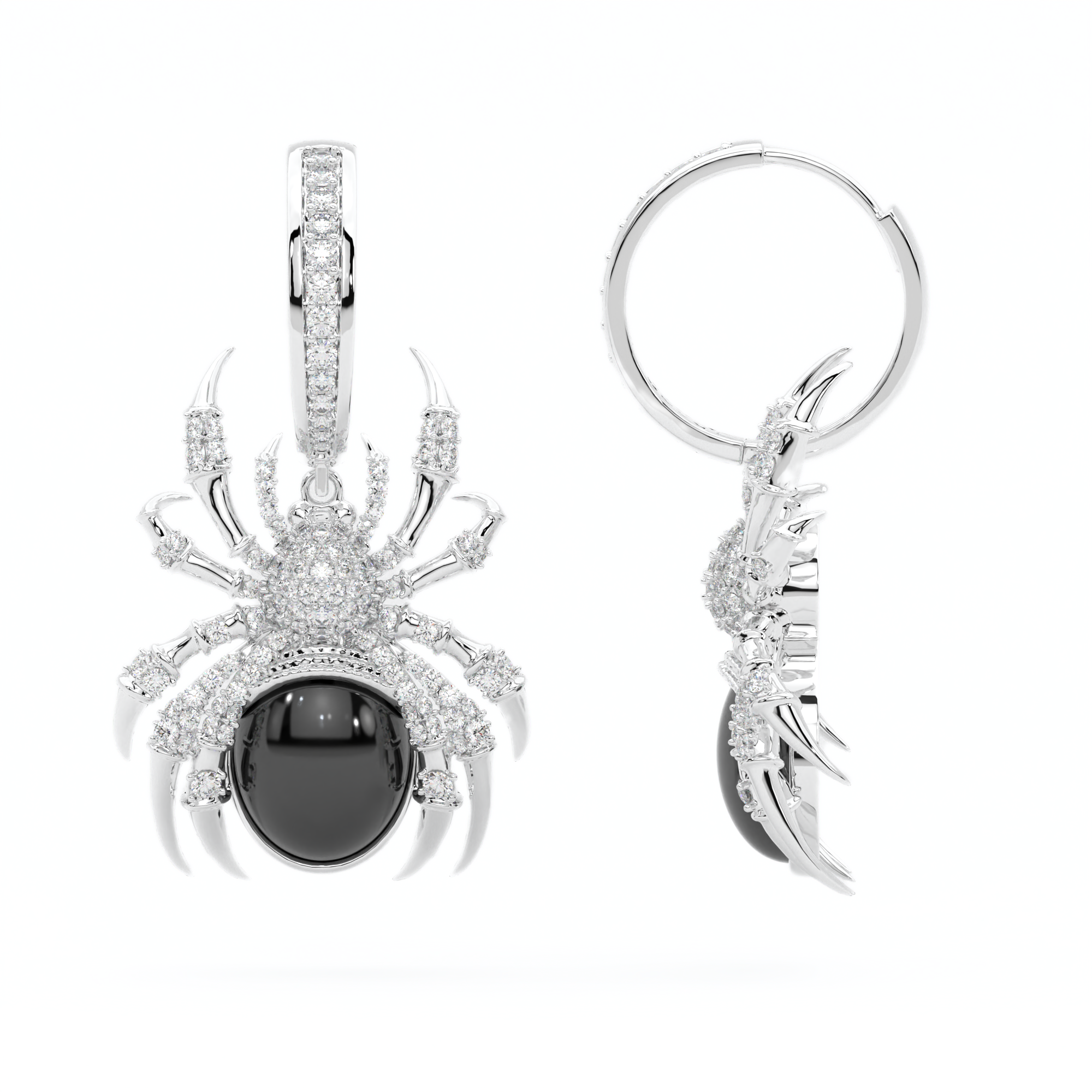 14k white gold spider earrings with black onyx and white diamonds, Arachnid's Allure Earrings
