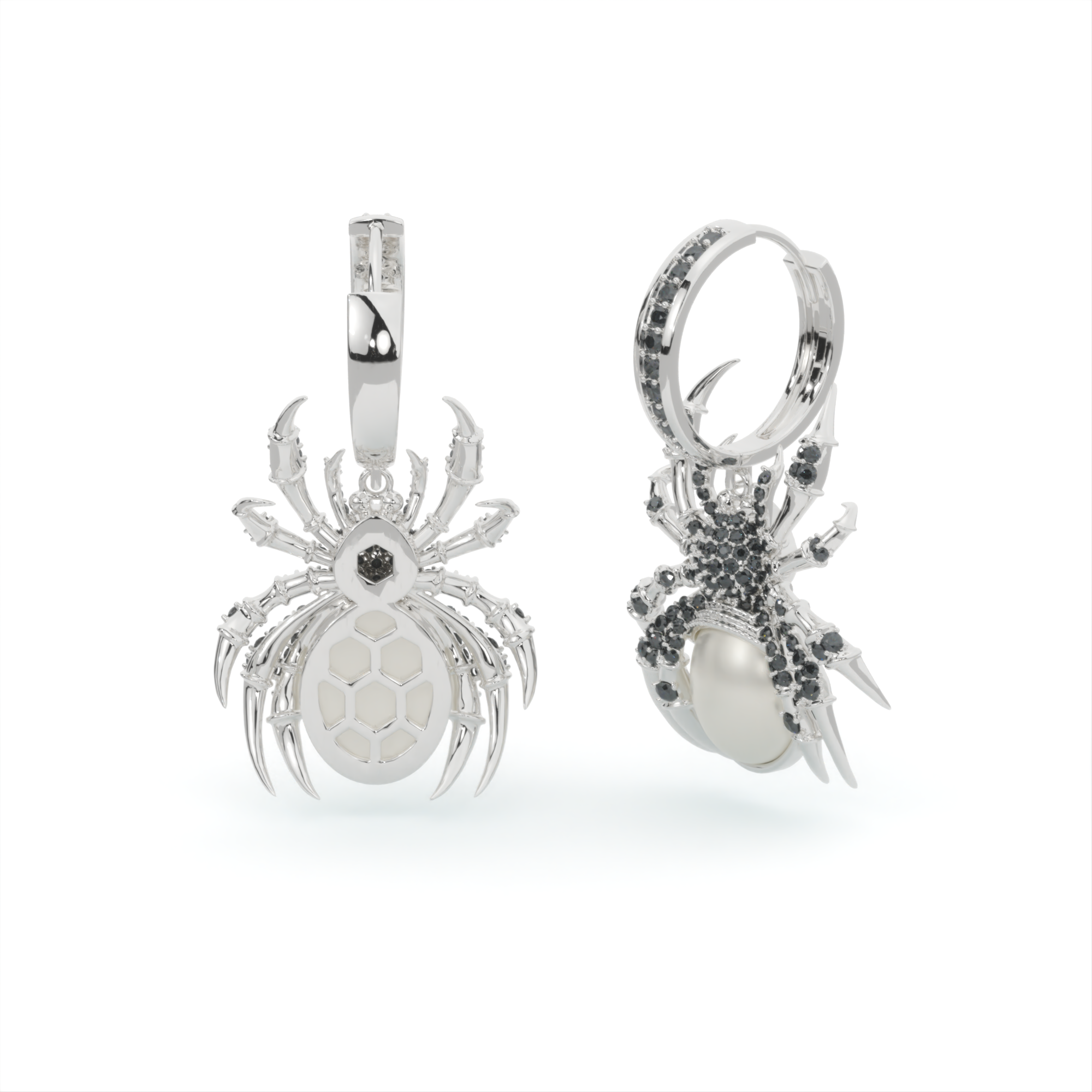 14k white gold spider earrings with pearl and black diamonds, Arachnid's Allure Earrings