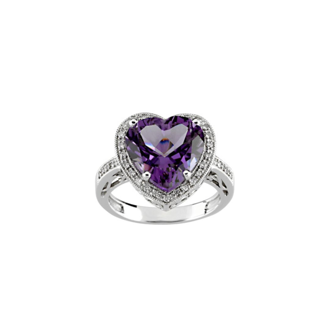 14k white gold ring with heart-shaped amethyst and diamond halo, Aurora Ring