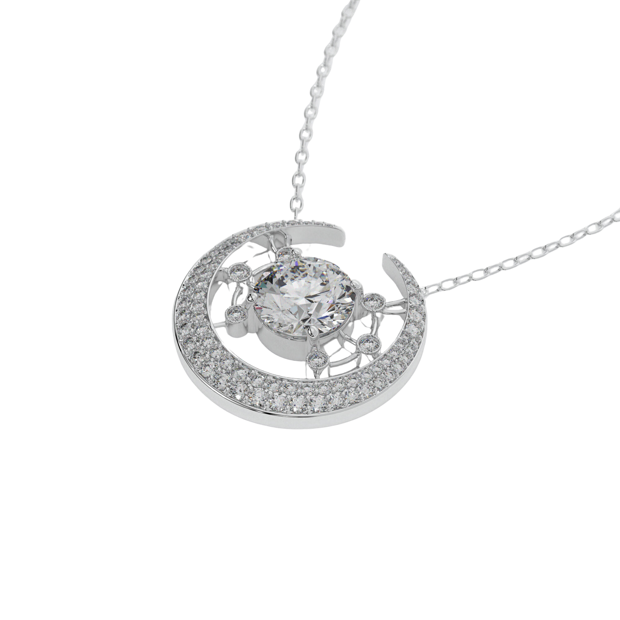 14k white gold Galaxy Necklace with central diamond and crescent moon design