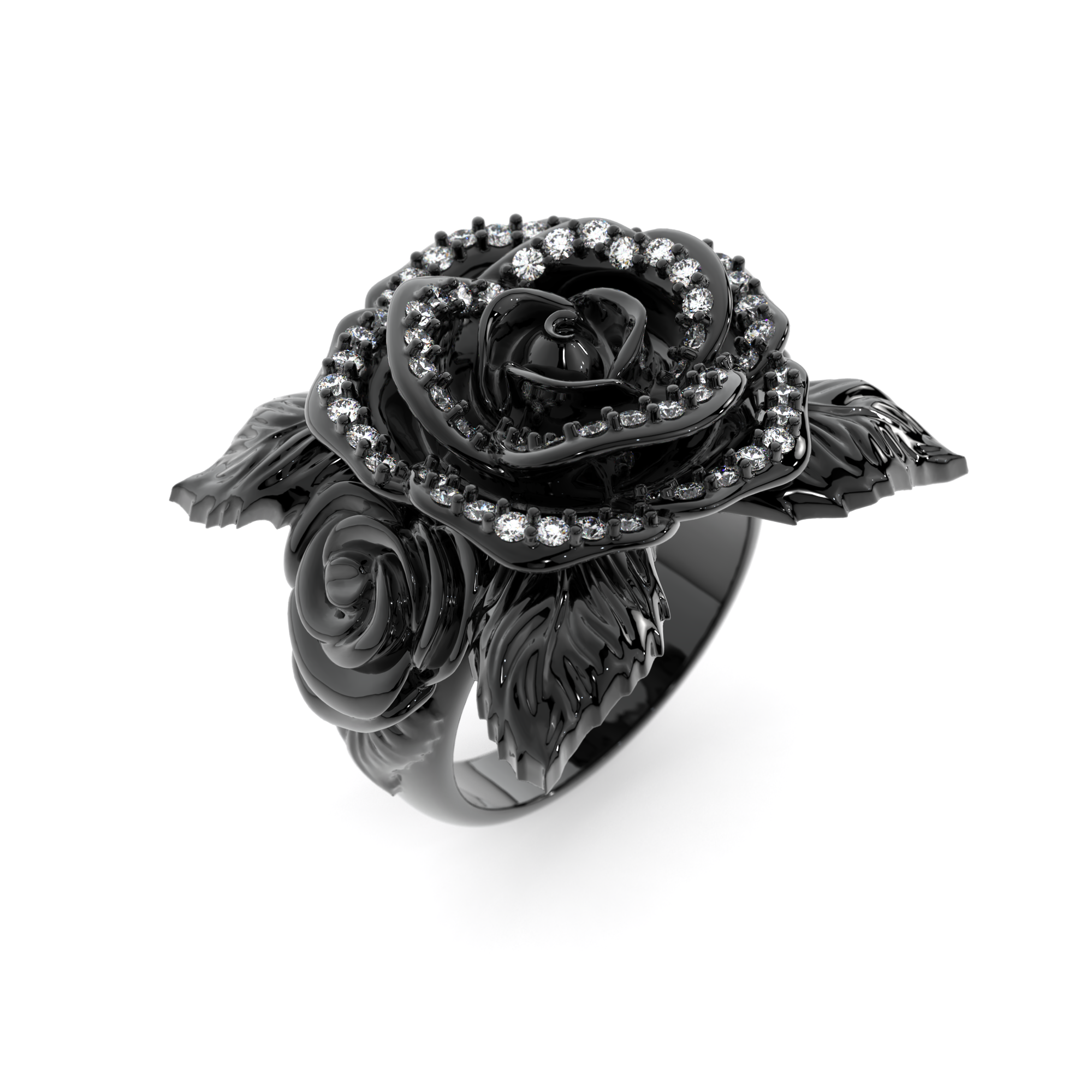 Gothic Rose Ring in black rhodium-plated sterling silver with lab white diamonds, featuring a sculpted black rose and intricate carvings