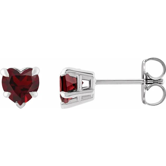 White gold stud earrings with red Mozambique Garnet heart-shaped gemstones