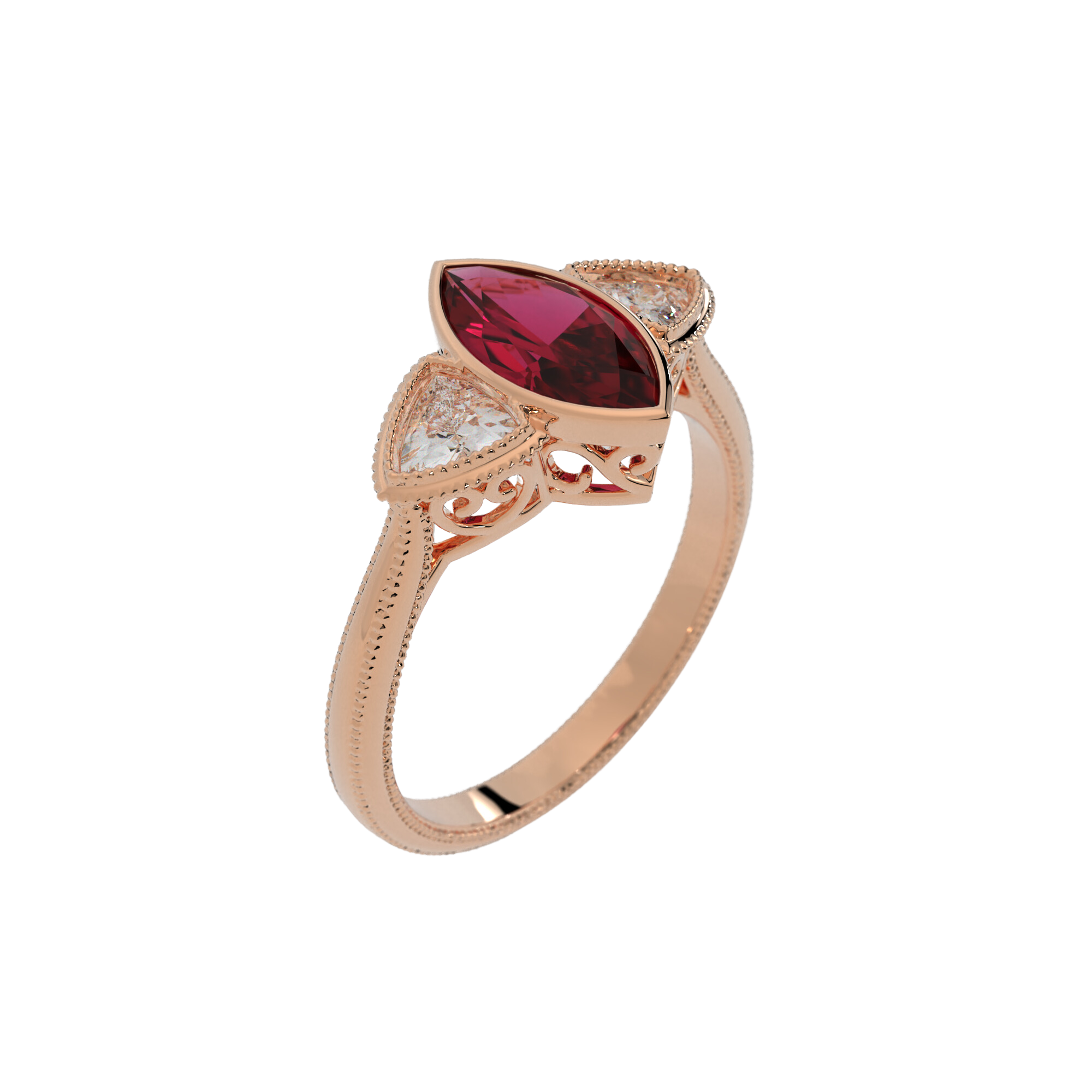 Hypnotic Ring in 14k rose gold with marquise cut lab created ruby and trillion cut lab created diamonds, bezel set with milgrain detailing