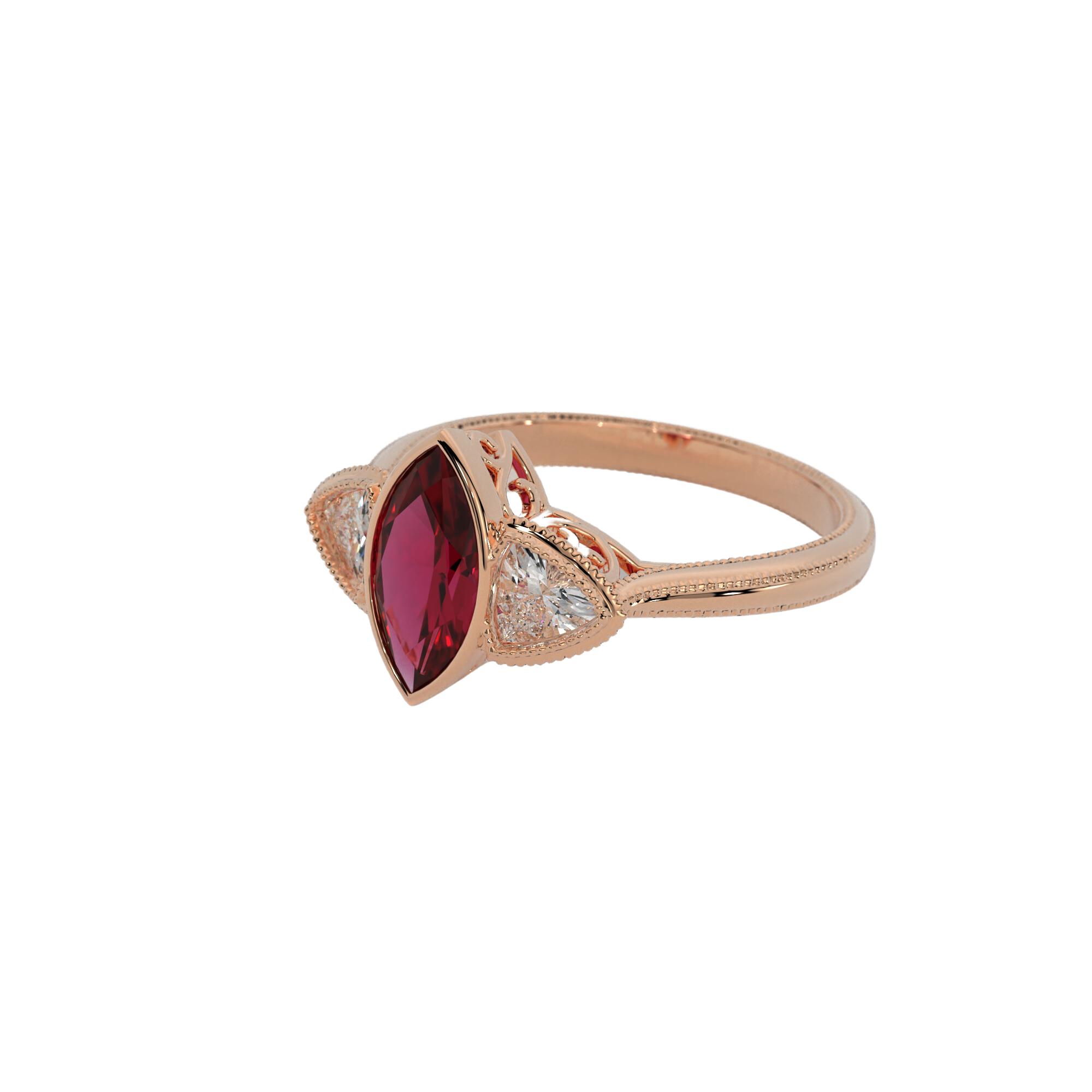 Hypnotic Ring in 14k rose gold with marquise cut lab created ruby and trillion cut lab created diamonds, bezel set with milgrain detailing