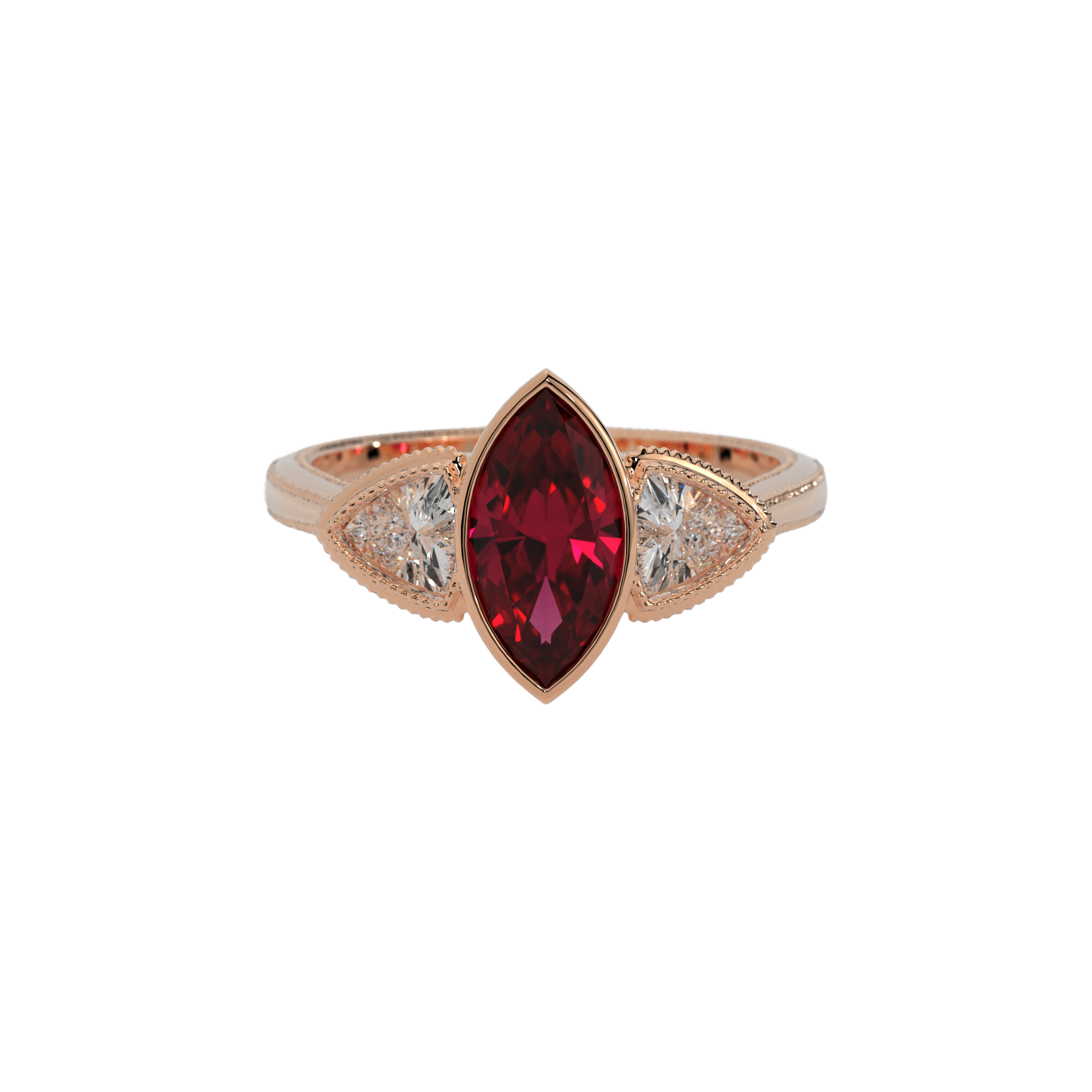 Hypnotic Ring in 14k rose gold with marquise cut lab created ruby and trillion cut lab created diamonds, bezel set with milgrain detailing