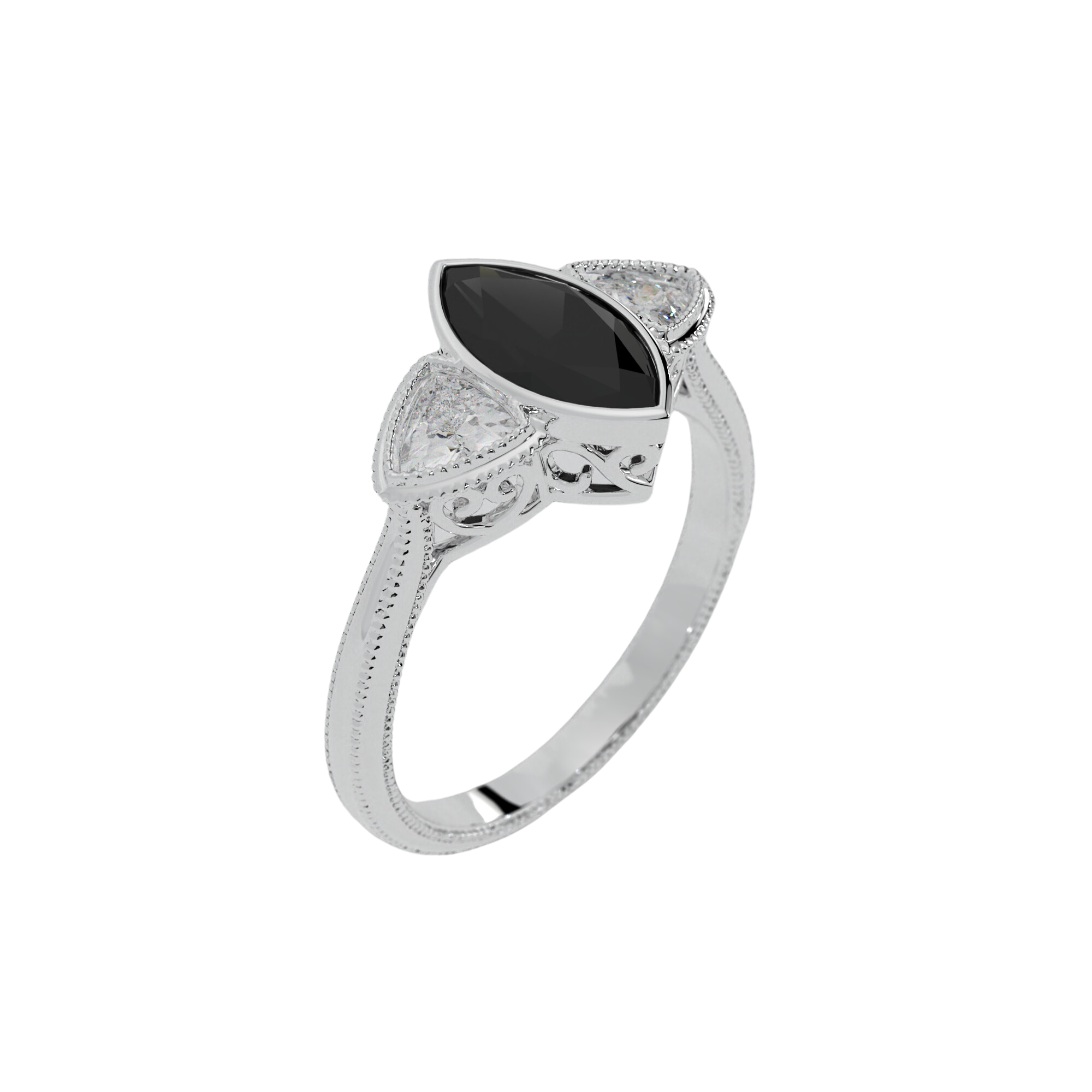 Hypnotic Ring in 14k white gold with marquise cut black diamond and trillion cut lab created diamonds, bezel set with milgrain detailing