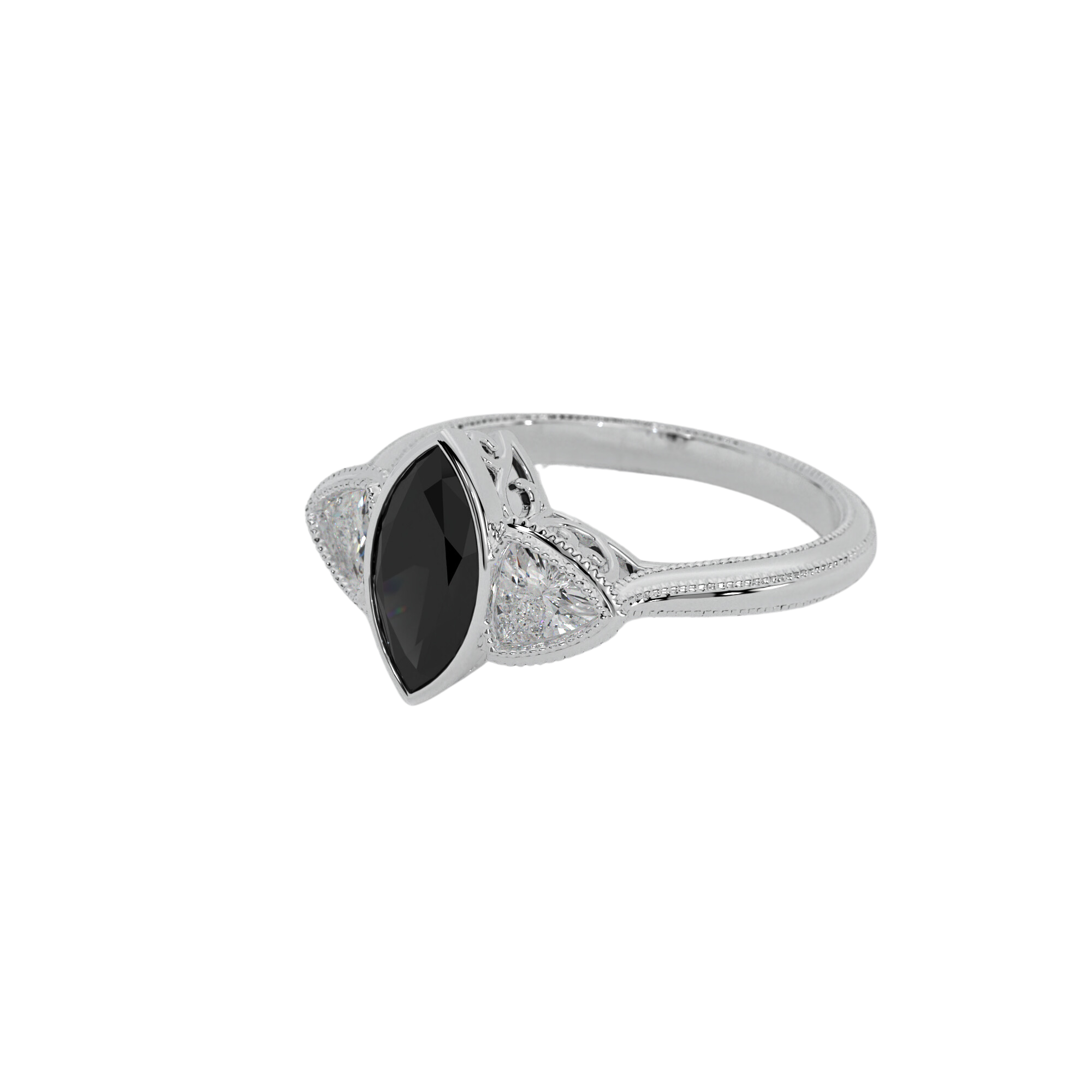 Hypnotic Ring in 14k white gold with marquise cut black diamond and trillion cut lab created diamonds, bezel set with milgrain detailing