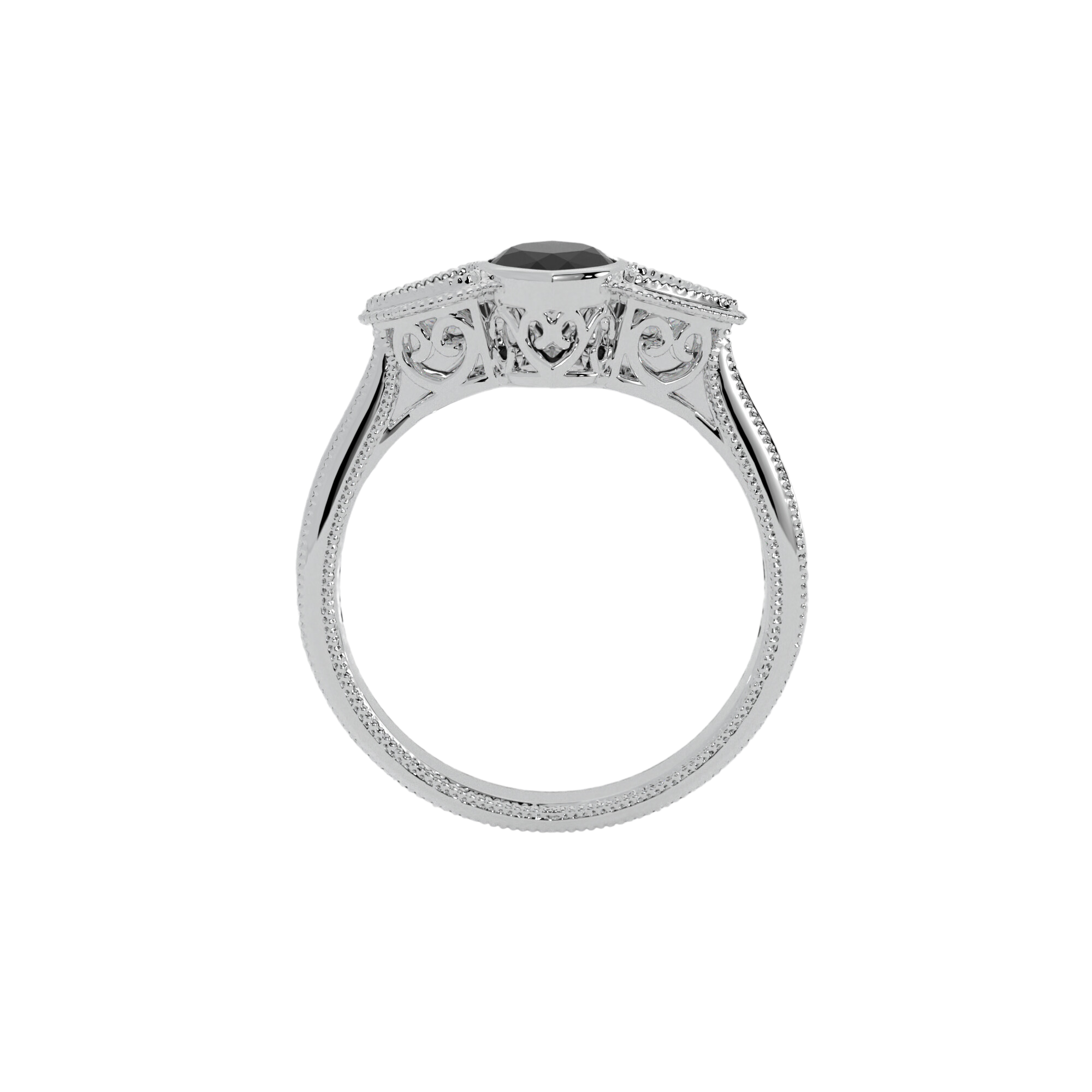 Hypnotic Ring in 14k white gold with marquise cut black diamond and trillion cut lab created diamonds, bezel set with milgrain detailing
