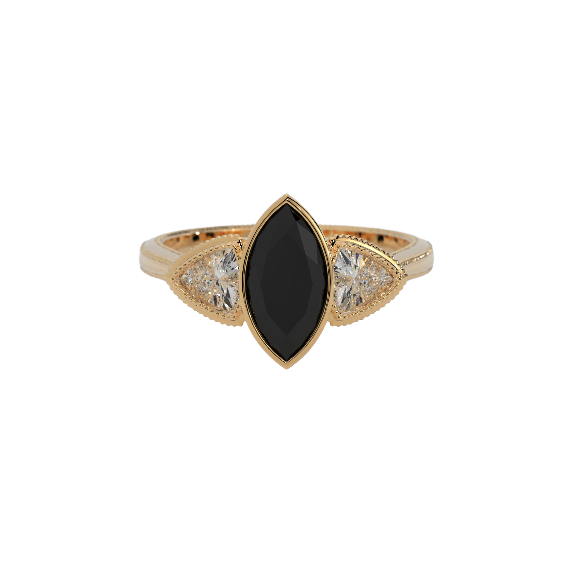 Hypnotic Ring in 14k yellow gold with marquise cut black diamond and trillion cut lab created diamonds, bezel set with milgrain detailing
