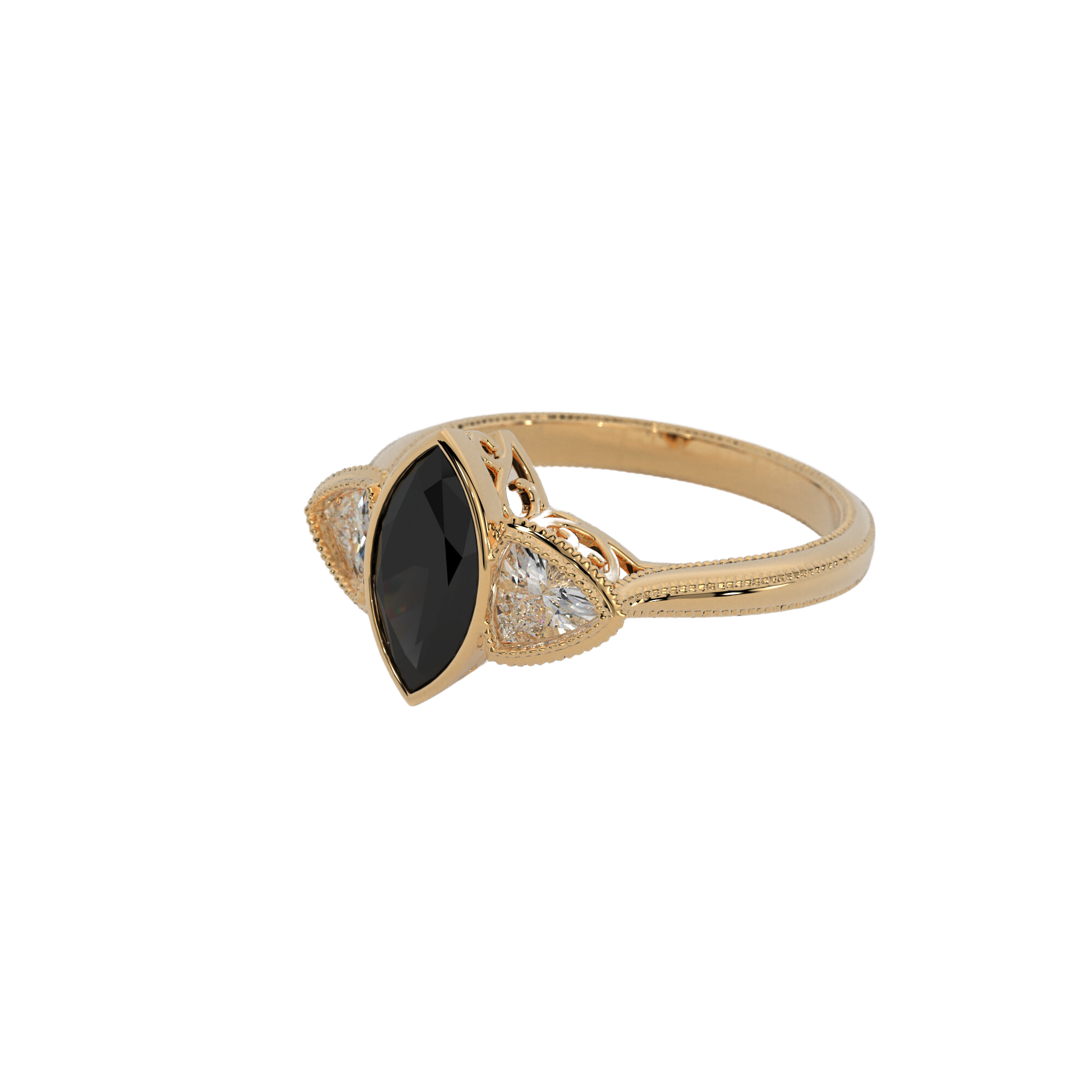 Hypnotic Ring in 14k yellow gold with marquise cut black diamond and trillion cut lab created diamonds, bezel set with milgrain detailing