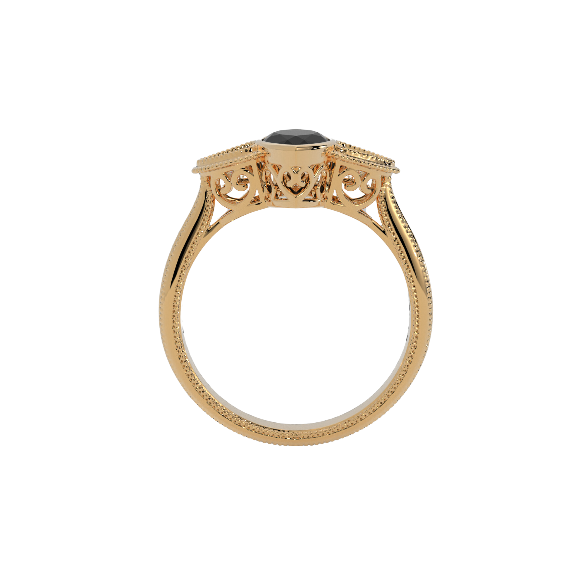 Hypnotic Ring in 14k yellow gold with marquise cut black diamond and trillion cut lab created diamonds, bezel set with milgrain detailing