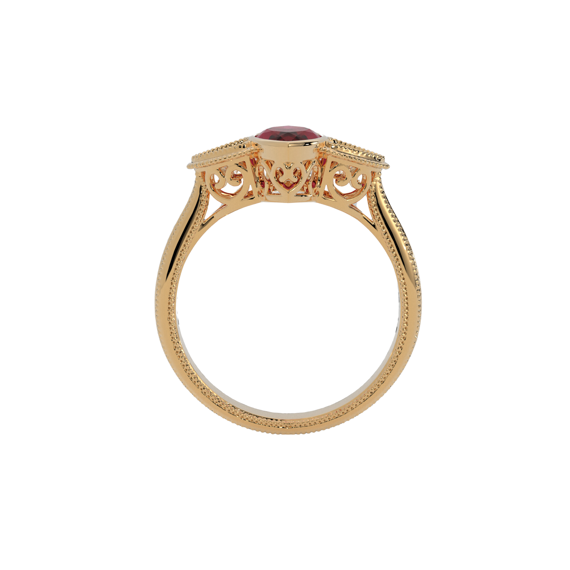 Hypnotic Ring in 14k yellow gold with marquise cut lab created ruby and trillion cut lab created diamonds, bezel set with milgrain detailing