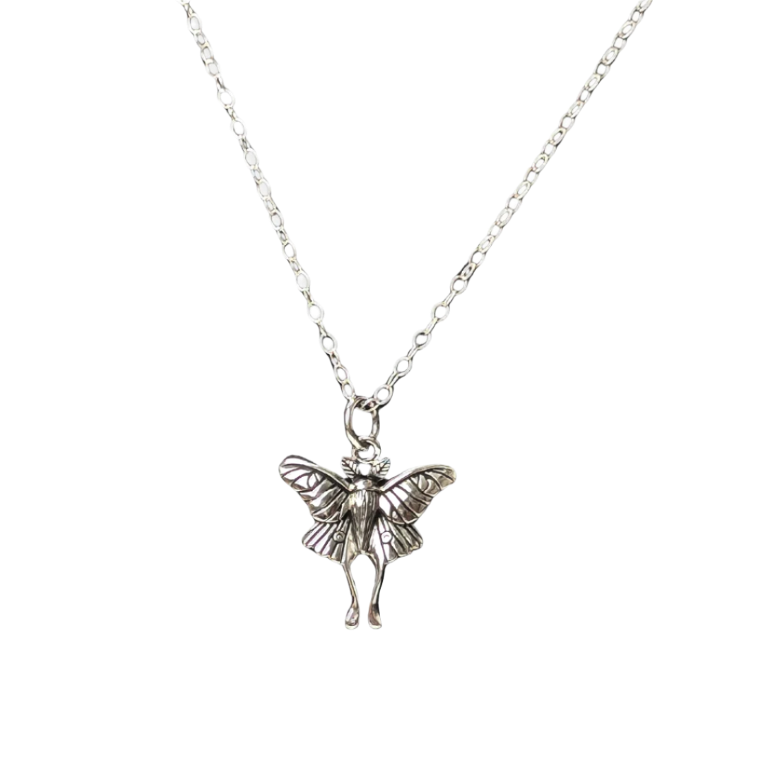 A sterling silver Luna Nocturne Necklace featuring a delicately sculpted luna moth pendant with finely etched wings, suspended from an adjustable 16-18 inch chain.